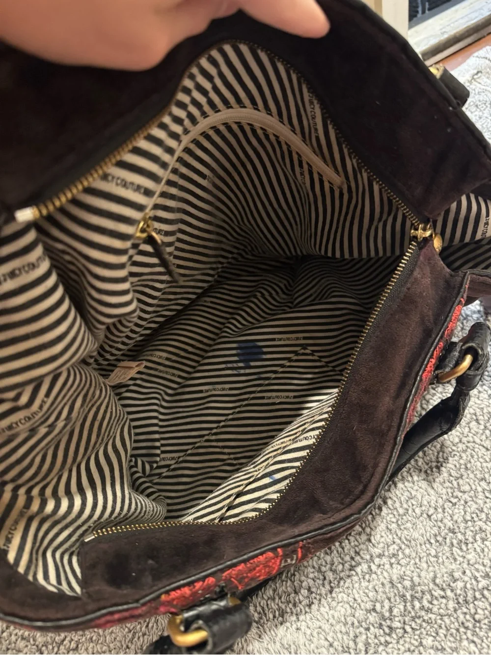 Juicy Couture Black Velvet Tote with Red Crest Motifs